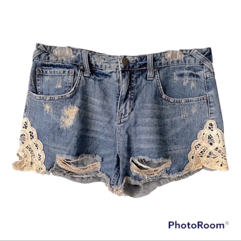 Free People Denim and Lace Distressed Jean shorts 28